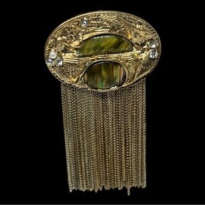 Art Deco Vintage Abalone and Brass Waterfall Jewelry Brooch w/ Gold Chain Fringe